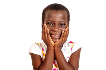 cute little child girl holding cheeks with hands.