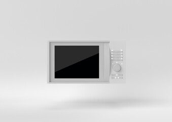 White Microwave Oven floating on white background. minimal concept idea. monochrome. 3d render.