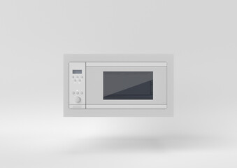 White Microwave Oven floating on white background. minimal concept idea. monochrome. 3d render.