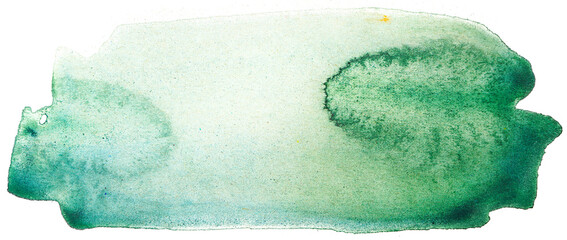 green watercolor stain texture element. Drawn on paper on a white background.