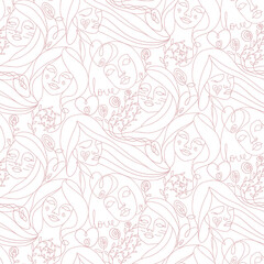 Continuous line, Women's faces in one line art style with heart, flowers and leaves. Fashion concept, woman beauty minimalist, vector seamless pattern elegant style for prints, posters, textile, cards