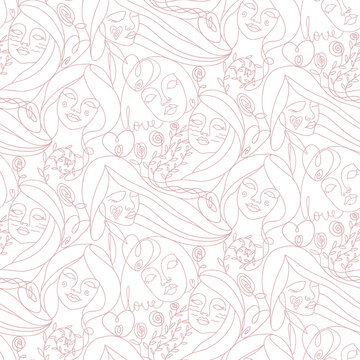Continuous line, Women's faces in one line art style with heart, flowers and leaves. Fashion concept, woman beauty minimalist, vector seamless pattern elegant style for prints, posters, textile, cards