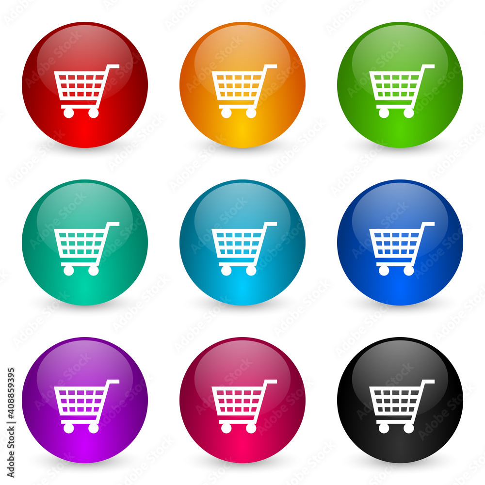 Poster shopping cart, shop, trolley icon set, colorful glossy 3d rendering ball buttons in 9 color options 