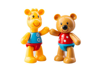 Children's plastic toy - yellow giraffe and bear on a white background isoated for kids.