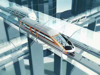 Concept of magnetic levitation train moving on the sky way in vacuum tunnel across the city. Modern city transport. 3d rendering illustration.
