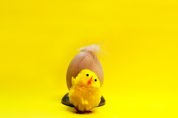 A fresh spotted beige chicken egg with a feather and a decorative yellow chick on a bright yellow background with copy space. Easter