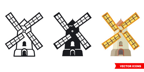 Mill icon of 3 types color, black and white, outline. Isolated vector sign symbol.