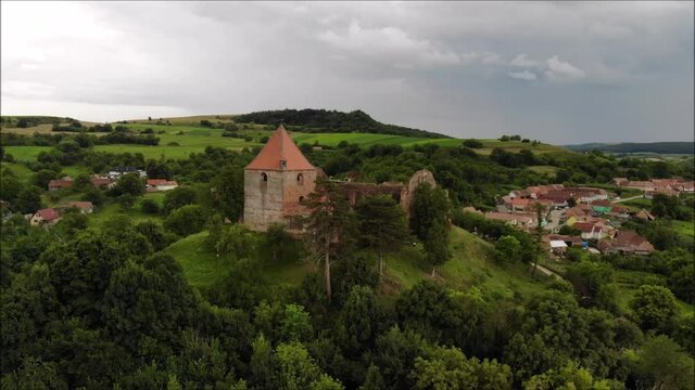 fortified church of Slimnic, Transylvania, aerial view 