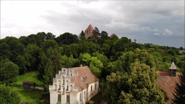 fortified church of Slimnic, Transylvania, aerial view 