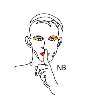 Nonbinary, Enby, NB Person Concept. Man With Make Up And Shh Gesture. Simple Vector Illustration, Man Face Line Art