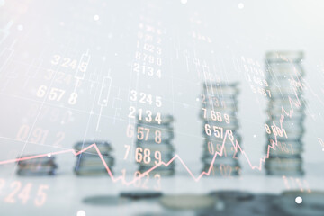 Double exposure of abstract creative statistics data hologram on growing coins stacks background, analytics and forecasting concept