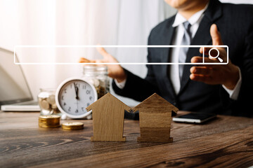 Searching Browsing Internet Data Information with blank search bar.businessman working with smart phone, tablet and laptop computer on desk in office. Networking Concept