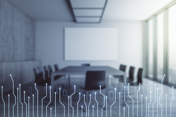 Abstract virtual microscheme illustration on a modern conference room background. Big data and database concept. Multiexposure