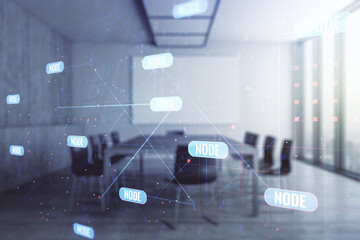 Double exposure of abstract programming language interface on a modern meeting room background, research and development concept