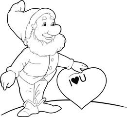 Happy Valentine's Day with gnome holding a Love Heart. Character for congratulation with wedding, birthday card and poster. Elf in cartoon style. Isolated clipart. Love themed gnome illustrations