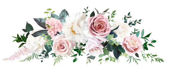 Dusty pink and cream rose, peony, hydrangea flower, tropical leaves vector garland - obrazy, fototapety, plakaty