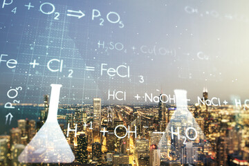 Creative chemistry hologram on Chicago office buildings background, pharmaceutical research concept. Multiexposure