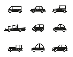 Transportation vehicle. Public cars, taxi, city bus. Road urban public transport, car side view collection isolated set. Transportation vehicle. Cars set. Minivan, cabriolet and pickup. Icons of gray