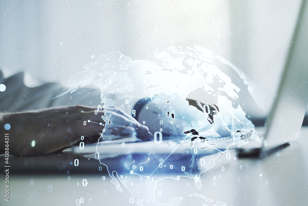 Poster double exposure of abstract programming language hologram with world map and hands typing on laptop 