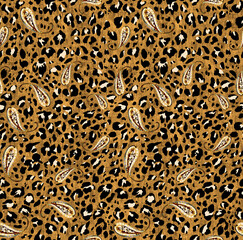 Seamless leopard paisley pattern, animal print.