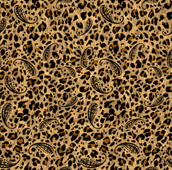 Seamless leopard paisley pattern, animal print.