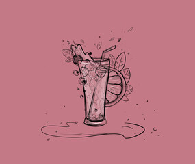 Tasty Summer cocktail glass and fruits sketch illustration colored background, vintage
