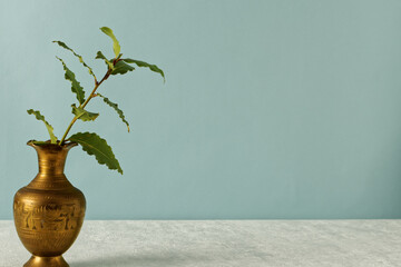Branch of laurel leaves in metal decorative vase on bright background with copy space.