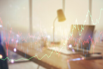 Multi exposure of abstract creative financial graph on modern computer background, forex and investment concept
