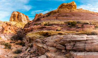 Fototapeta na wymiar Pastel Colored Rock Formations Along Kaolin Wash, Valley of Fire State Park, Nevada, USA