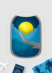 Airplane window view paper art with beautiful night time sky