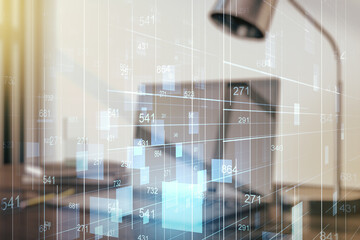 Multi exposure of abstract graphic data spreadsheet sketch on modern computer background, analytics and analysis concept