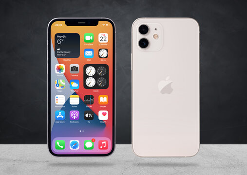 Antalya, Turkey - January 25, 2021: Apple iPhone 12 front screen and back side of the phone.