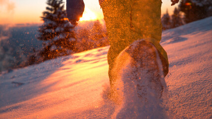 LOW ANGLE: Snowflakes glisten as man runs along the snowy meadow at sunset.