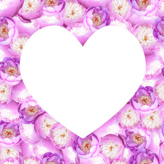Frame in the shape of a heart from a bouquet of peony flowers. Photo collage for festive design of cards, invitations. 