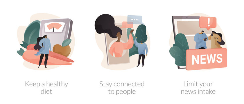 Self-qarantine wellbeing abstract concept vector illustration set. Keep a healthy diet, stay connected to people, limit your news intake, home cooking, social media connections abstract metaphor.