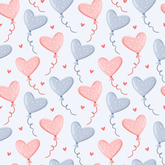 Valentines day hand drawn vector seamless pattern. Romantic background with heart shaped balloons