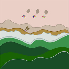 Seafront top view on long sand ocean beach with couple shadows. Couple hugging walking on the beach.Waves of blue water Mediterranean Sea or Ocean. Colorful vector illustration.