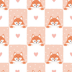 Seamless checked pattern with cute cartoon fox. Baby print.