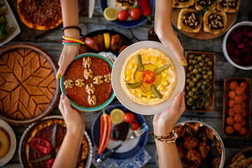 Vegan food hummus and muhammara on the table
