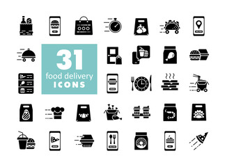 Fast food delivery vector glyph icons set