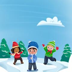 three children playing in the snow outside. cute illustrations. cartoon