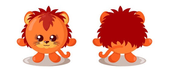 Funny cute kawaii lion with round body in flat design with shadows, front and back. Isolated animal vector illustration	
