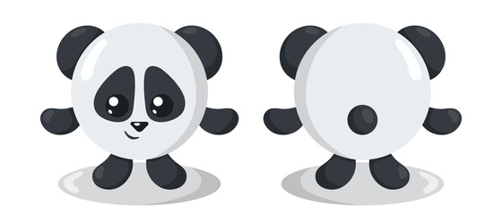 Funny cute kawaii panda with round body in flat design with shadows, front and back. Isolated animal vector illustration	