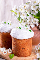 Easter cake and colorful eggs on Easter table