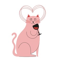 Vector illustration of cat with whiskers making shape of heart and holding glass of red wine. Funny colored print design with domestic animal, home decoration poster