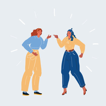 Vector illustration of Tw women and angry looking each other and and argue viciously with each other on white backround.