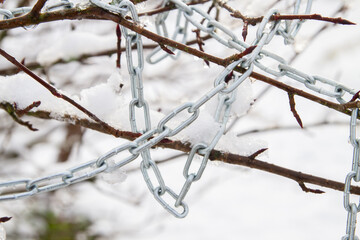 Metal chain hanging on a bush branch in winter