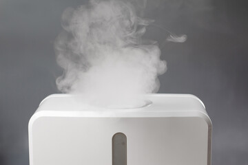 White air humidifier during work clean air and vaporizes steam up. Aromatherapy at home. Improving comfort of people.