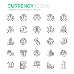Collection of currency related outline icons. 48x48 Pixel Perfect. Editable stroke