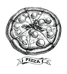 Sliced pizza with mozzarella and basil. Italian cuisine. Ink hand drawn Vector illustration. Food element for menu design.